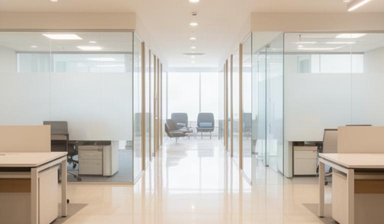 Bright finished commercial office with polished floors, clean glass, and clear work surfaces